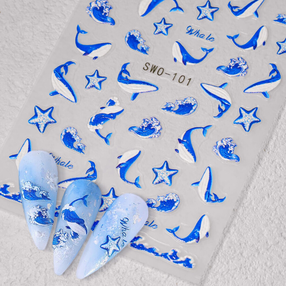Blue Whale Nail Art Stickers 5D Embossed Ocean Theme Decals Selfadhesive Manicure Decorations