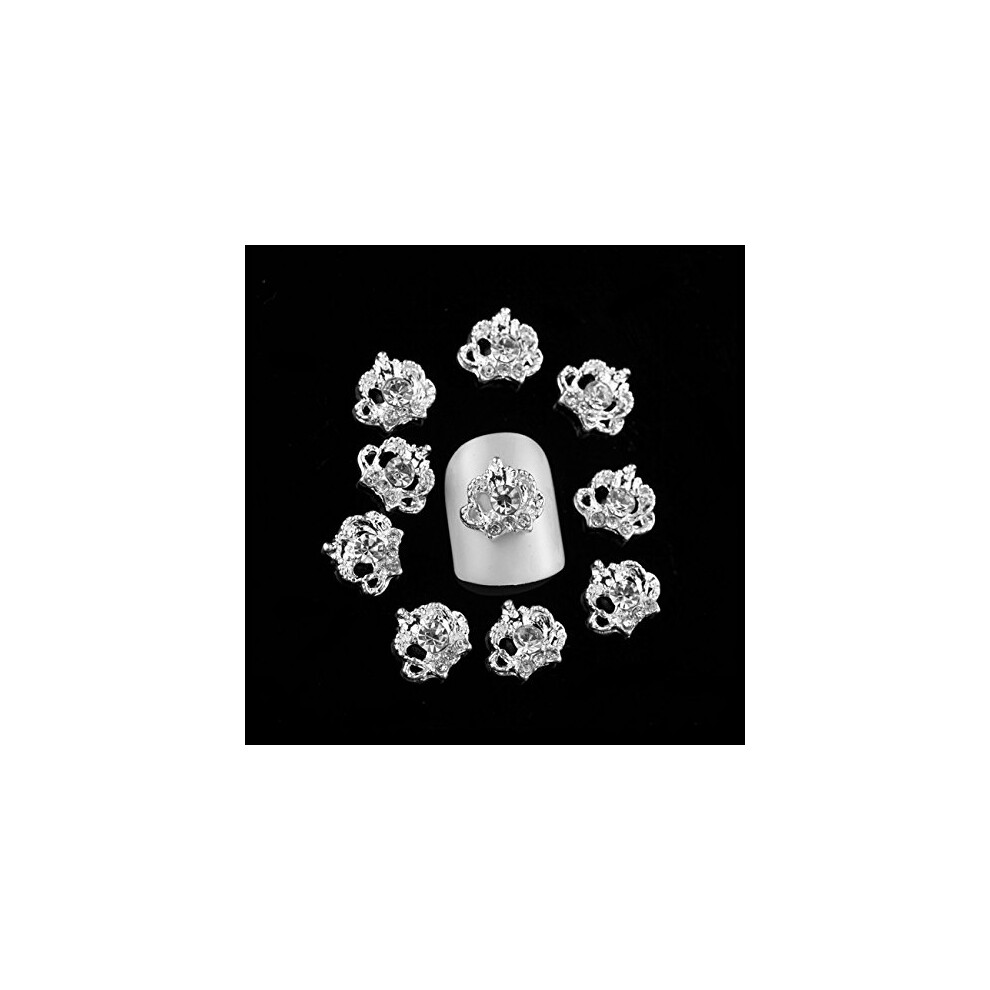 Silver 10Pcs Nail Art Rhinestones Crown And Bow Alloy Charms Diy 3D Nail Decorations