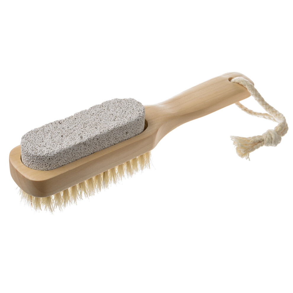 Foot Scrub Brush with DualSided Pumice Stone and Natural Bristle Wooden Handle for Callus Removal