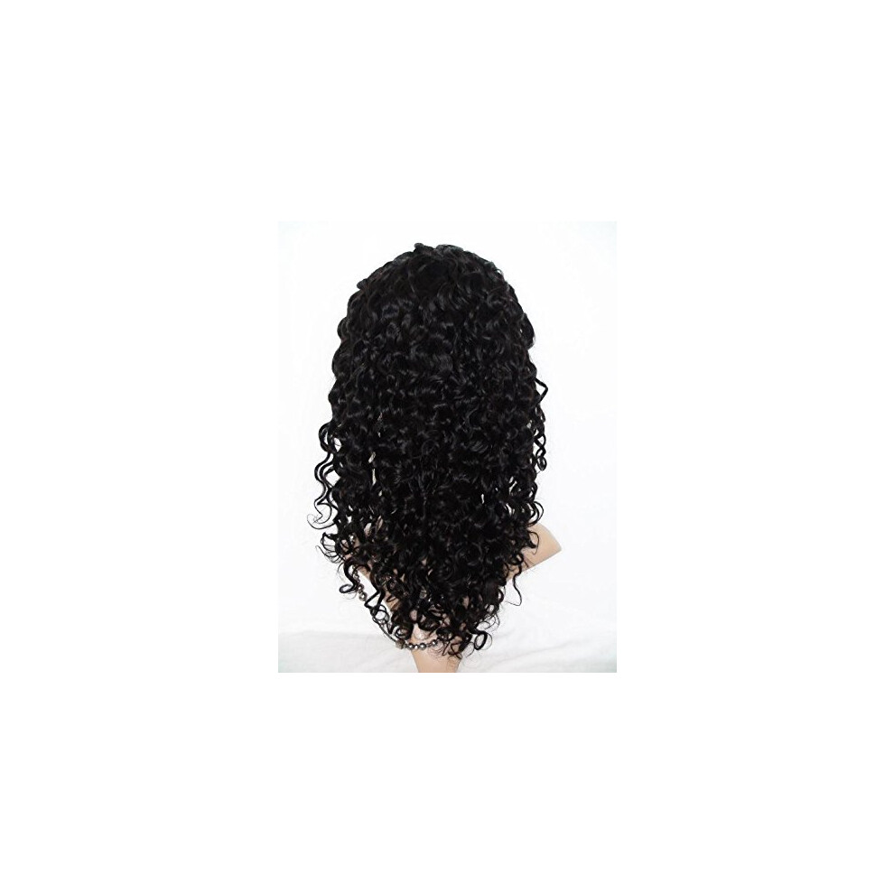 Unisex Black 18 Inch Deep Wave Full Lace Human Hair Wig Cambodian Virgin Remy 1B Off Natural Texture