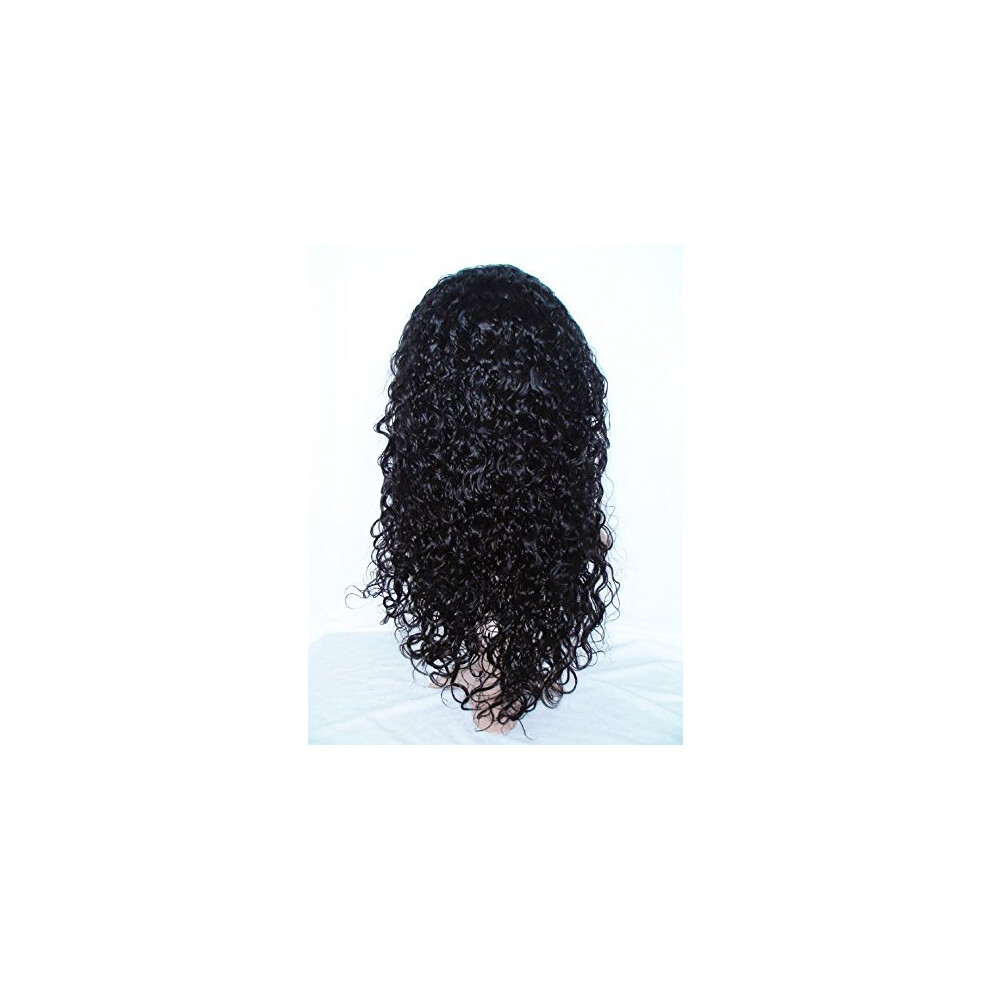 Unisex 16 Inch Virgin Human Hair Curly Lace Front Wig Natural Color #1B Tangle Heat Styling