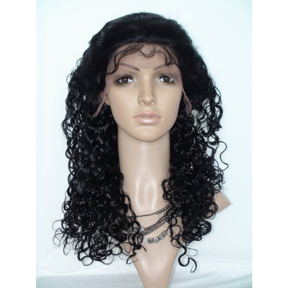 Unisex Black 16 Inch Full Lace Human Hair Wig Afro Curly Peruvian Virgin Hair Glueless Natural