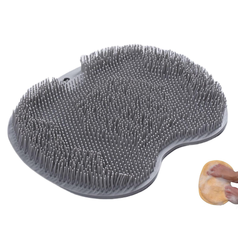 Gray Shower Foot Scrubber With Suction Cups, Silicone Exfoliating Mat, Wallmounted Back Cleaner,