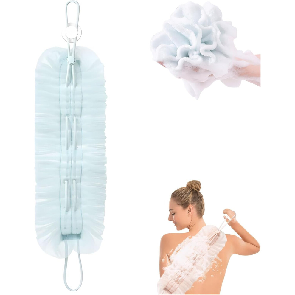 2in1 Shower Pouf and Back Scrubber, Exfoliating Bath Sponge with Suction Cup, Blue