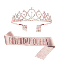 Rose Gold Birthday Crown and Sash Set for Women with Rhinestone Tiara and Birthday Queen Sash