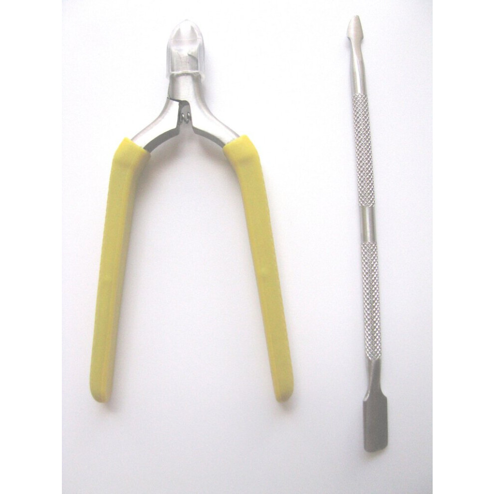 Yellow Professional Stainless Steel Cuticle Nipper And Pusher Set Ergonomic Grip Precise Trimming