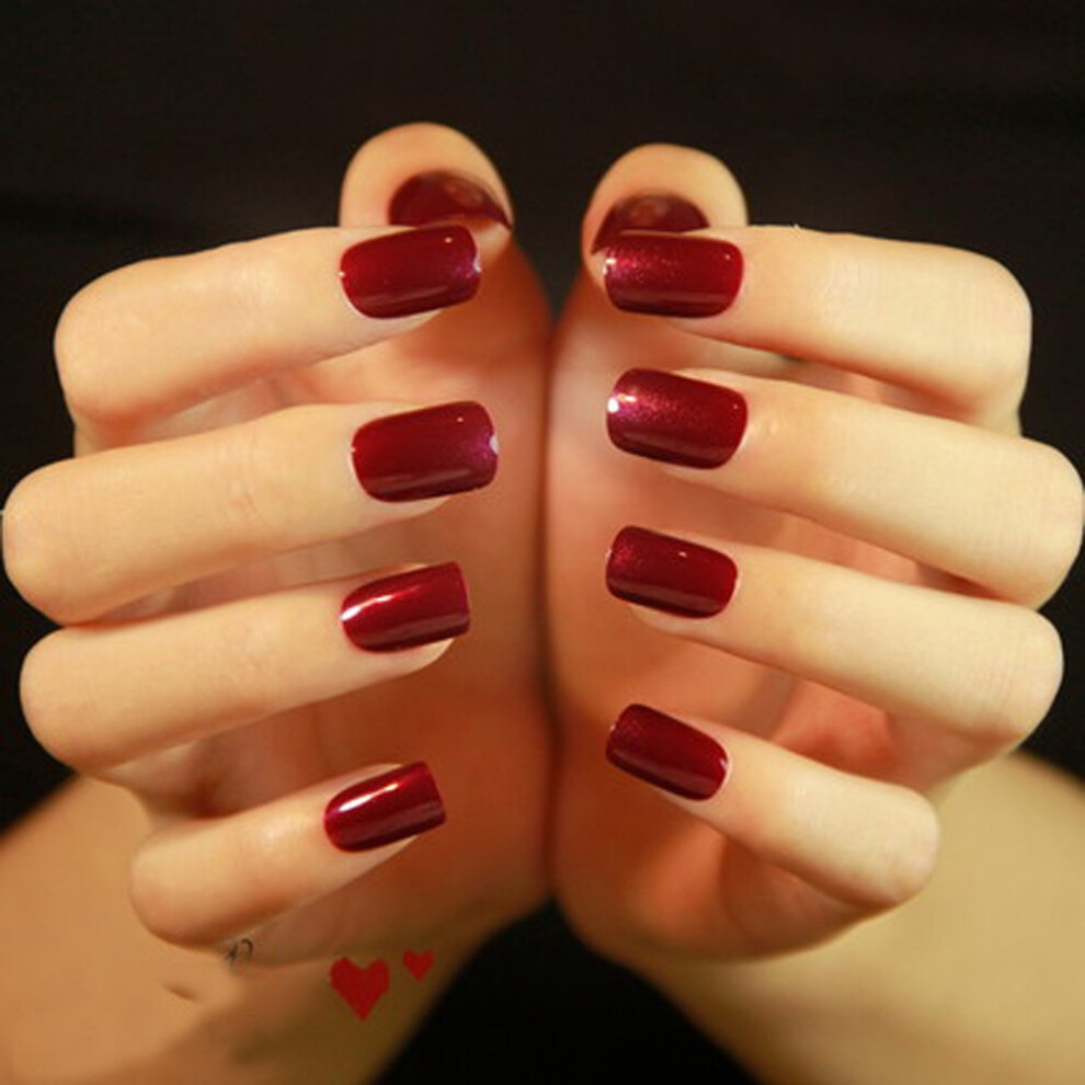 Burgundy Press On Nails French Manicure Textured Medium Length False Nail Tips For Instant Salon Look