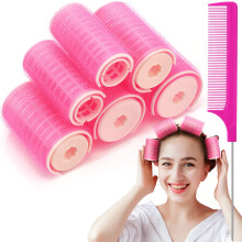 6 Pcs Heatless Hair Curlers Set with Rat Tail Comb, Multiple Sizes Self Grip Rollers for Volume and Waves