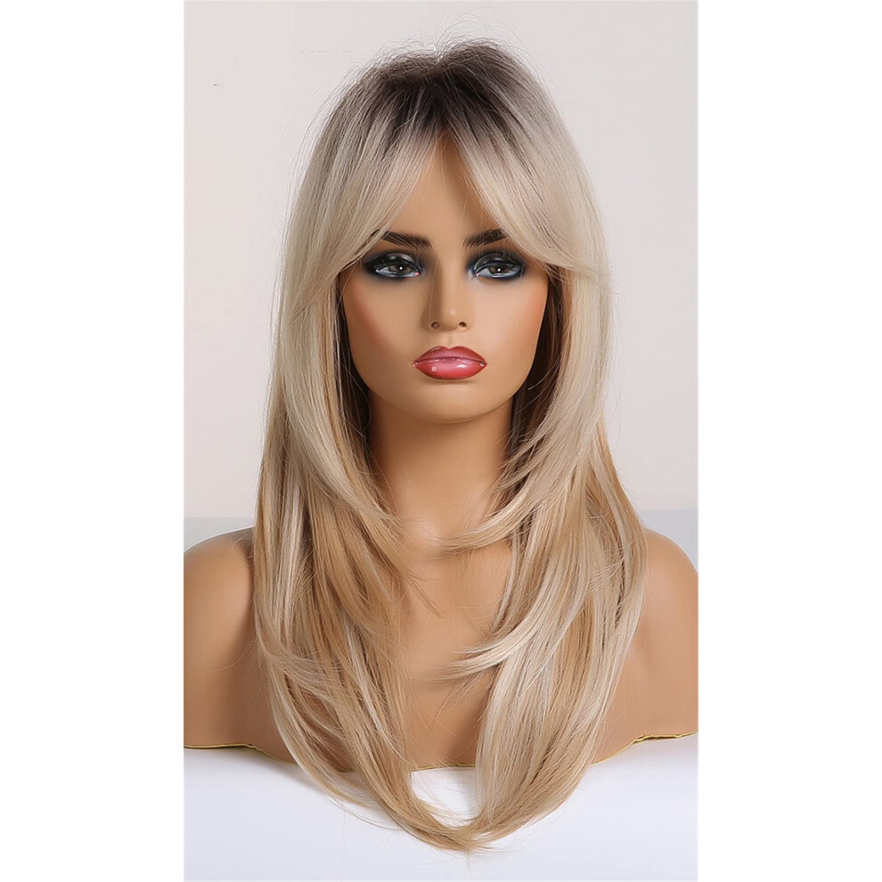 Unisex Brown Medium Length Dark Ombre Synthetic Wig With Bangs, Heat Resistant Styling For Women