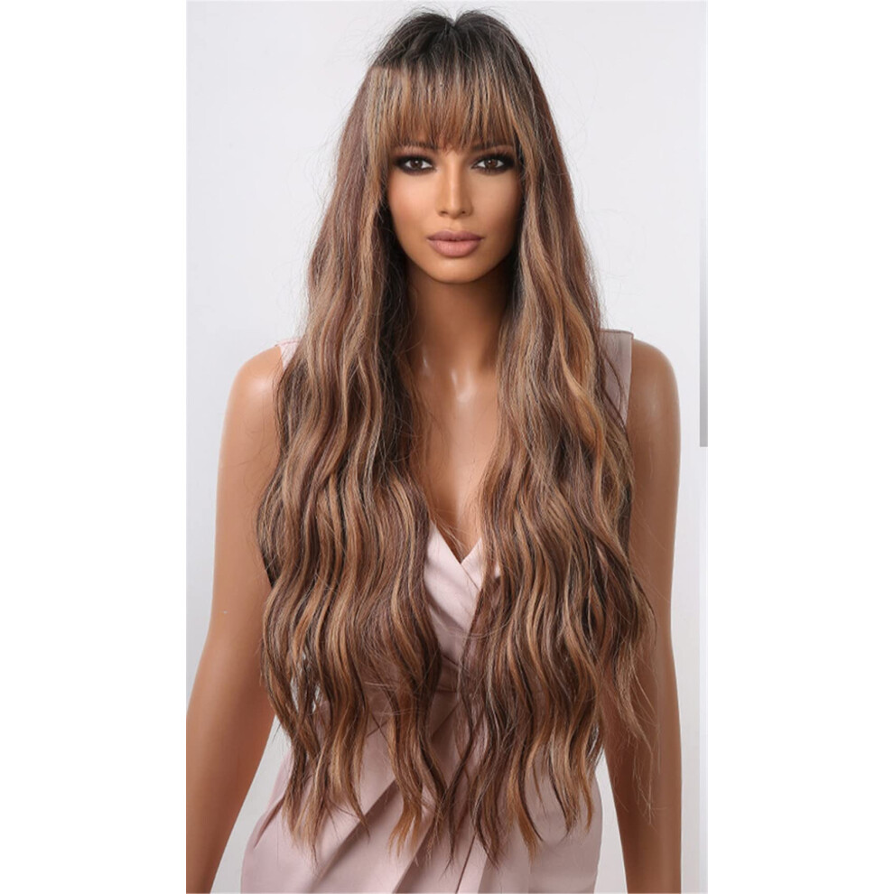 Unisex Brown Long Curly Synthetic Wig With Bangs, Heat Resistant Ombre Hair For Women Cosplay Lolita