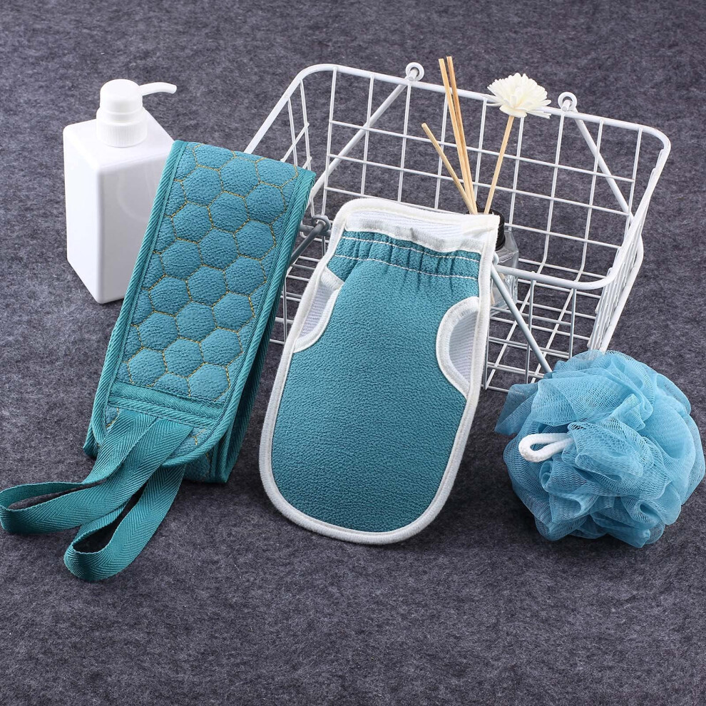 Blue Bath Sponge Set With Exfoliating Towel, Scrubber For Deep Pore Cleansing And Gentle Massage