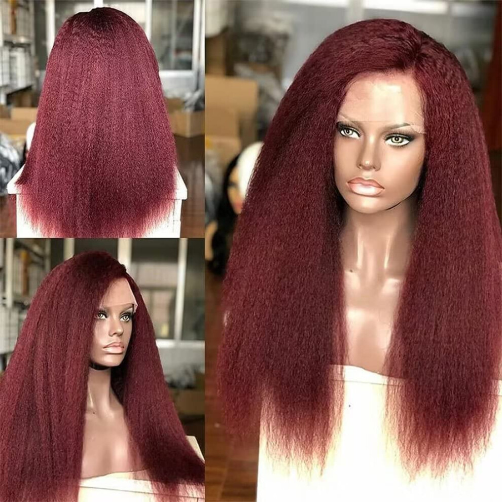 Unisex Red 99J Burgundy Kinky Straight Hd Lace Front Wig 13X4 Virgin Brazilian Remy Human Hair Pre Plucked Glueless 180% Density For Women 22Inch