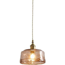 Vintage Glass Drum Pendant Light with Copper Frame, Adjustable Height for Kitchen Island Dining