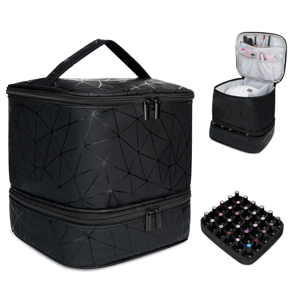 Large Capacity Nail Polish Organizer Case with Double Layer Storage for 30 Bottles and Nail Lamp