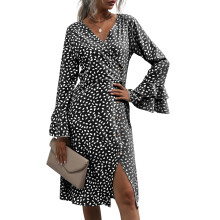 Sommerliches, fließendes Midikleid für Damen, V-Ausschnitt, lange Ärmel, Knopfleiste, Blumenmuster, Schlitz, leichtes Boho-Kleid mit elastischem