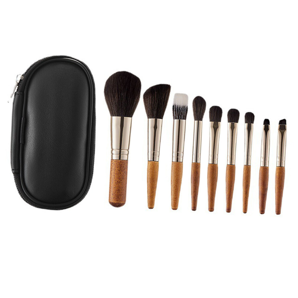 9Pcs Portable Makeup Brush Set - Wood Handle