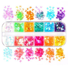 Nail Art Glitter 12 Grid Butterfly Shaped Sequins Box Translucent Candy Colors for UV Gel Decor
