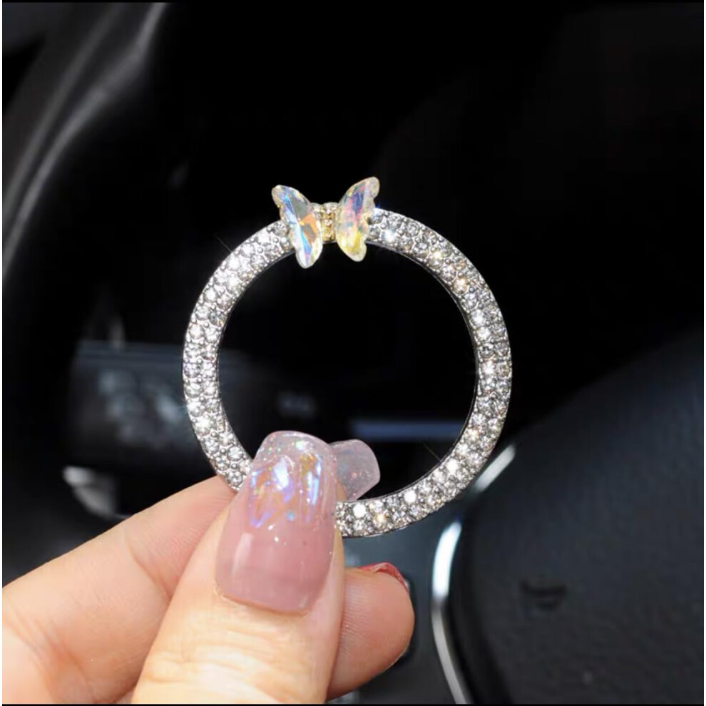 Car Bling Accessories Crystal Car Button Cover With Rhinestone Sparkle Butterfly Design White 9092120542387