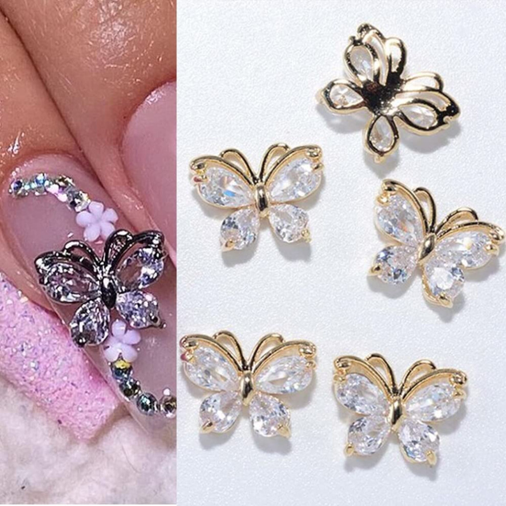 Gold Press On Nails With 3D Crystal Rhinestones Silver Butterfly Nail Art Gems For Manicure