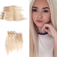 Blonde Human Hair Bundles 613 Straight 4x4 Lace Closure 100% Virgin Hair Soft Silky Extensions 4Pcs