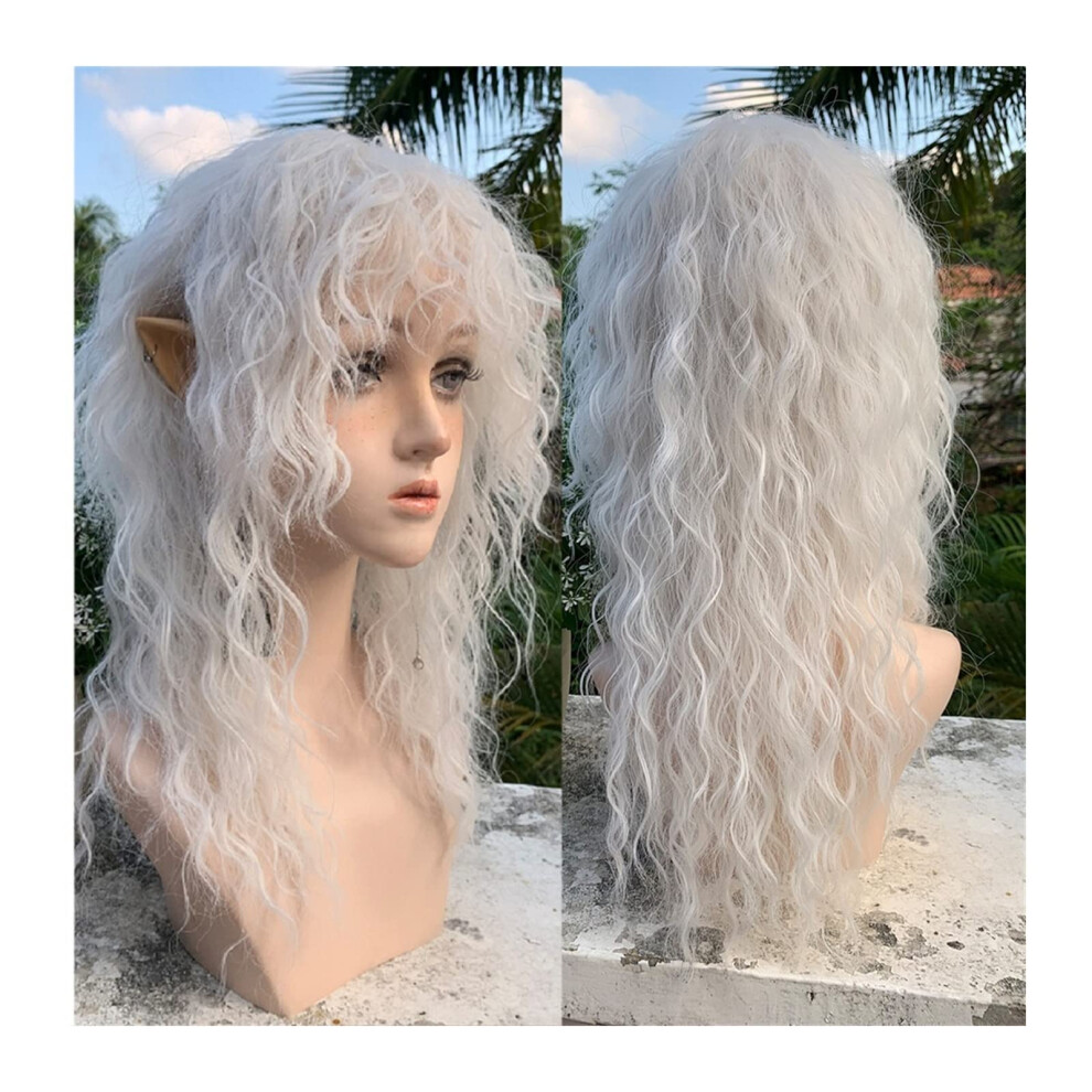 White Cosplay Wig Long Wavy Curls with Bangs Heat Resistant Synthetic Hair for Women