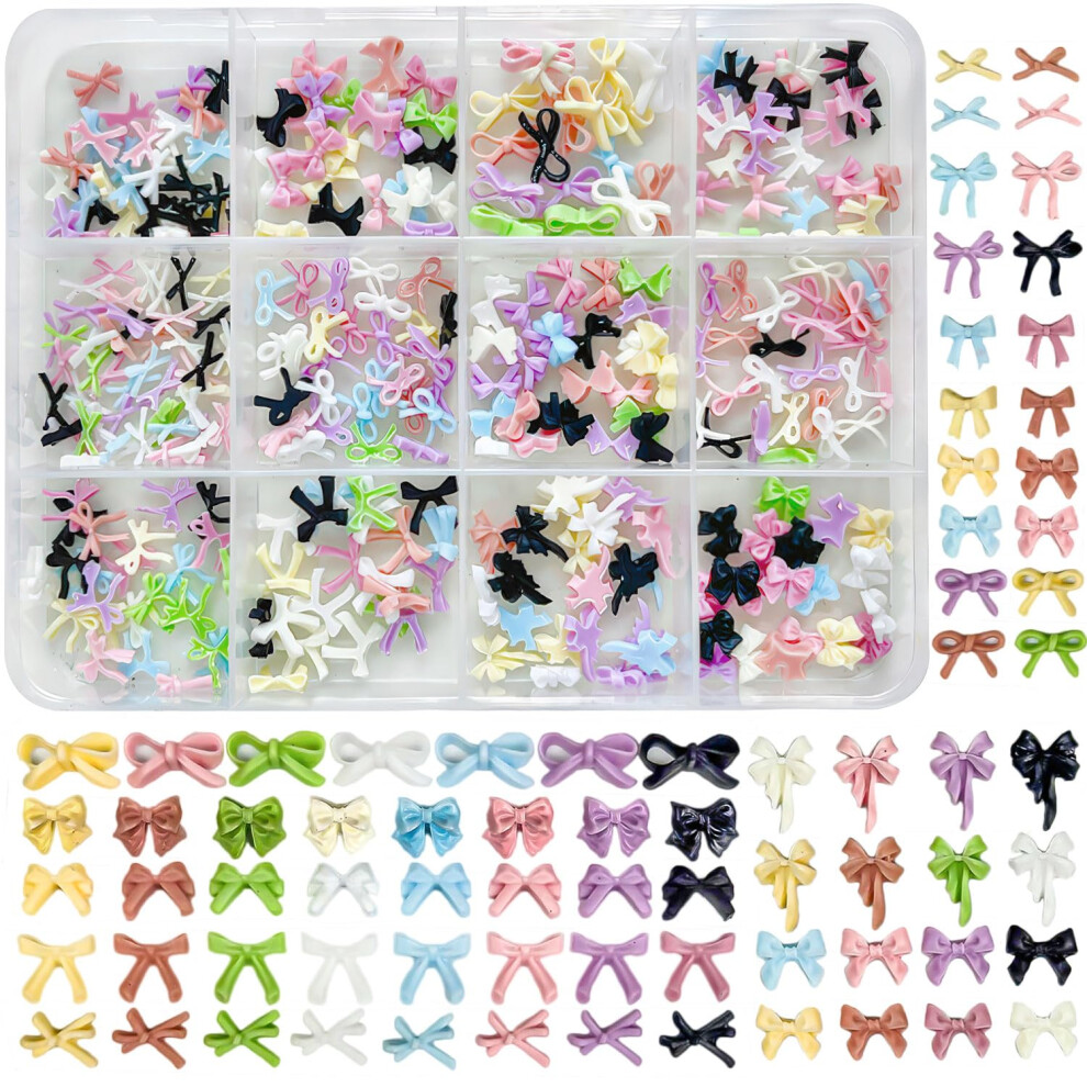 300PCS 3D Bow Nail Charms Set, 12 Styles, 8 Colors Resin Bowknot Decorations for DIY Nail Art