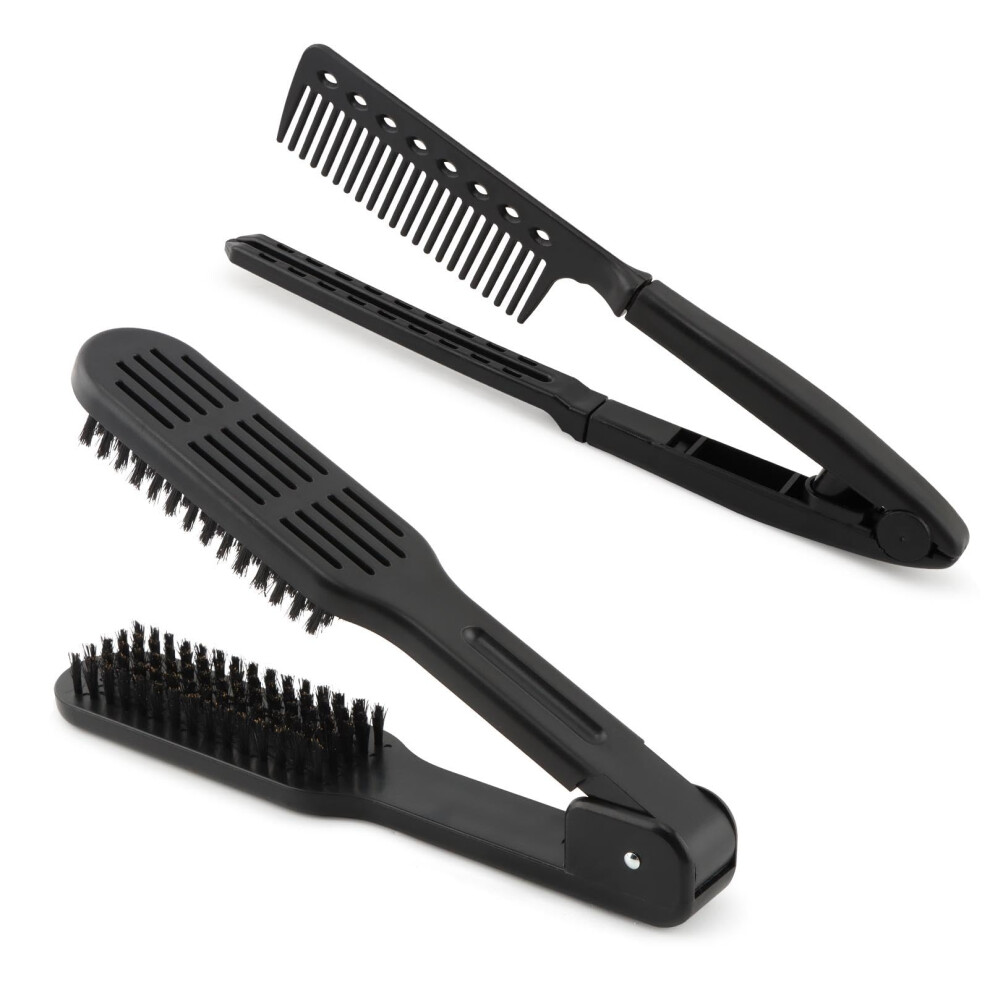 Hair Straightening Brush Set with Double Sided Boar Bristles and V Shape Comb, Black, 2 Pack