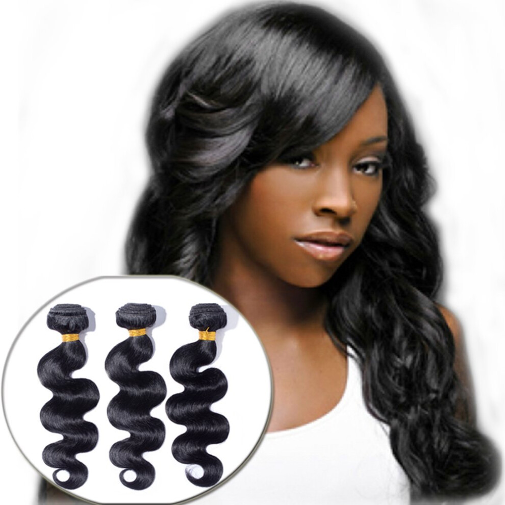 Unisex Black Brazilian Body Wave Virgin Remy Human Hair Extensions 16 Inch Natural #1B Bundle