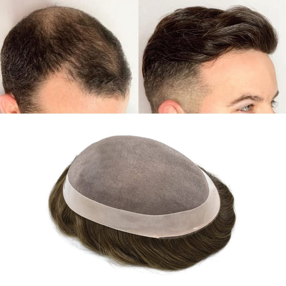 Unisex Brown Men's Toupee With Lace Front And Pu Perimeter 7X9 India Remy Human Hair Medium Natural Hairline