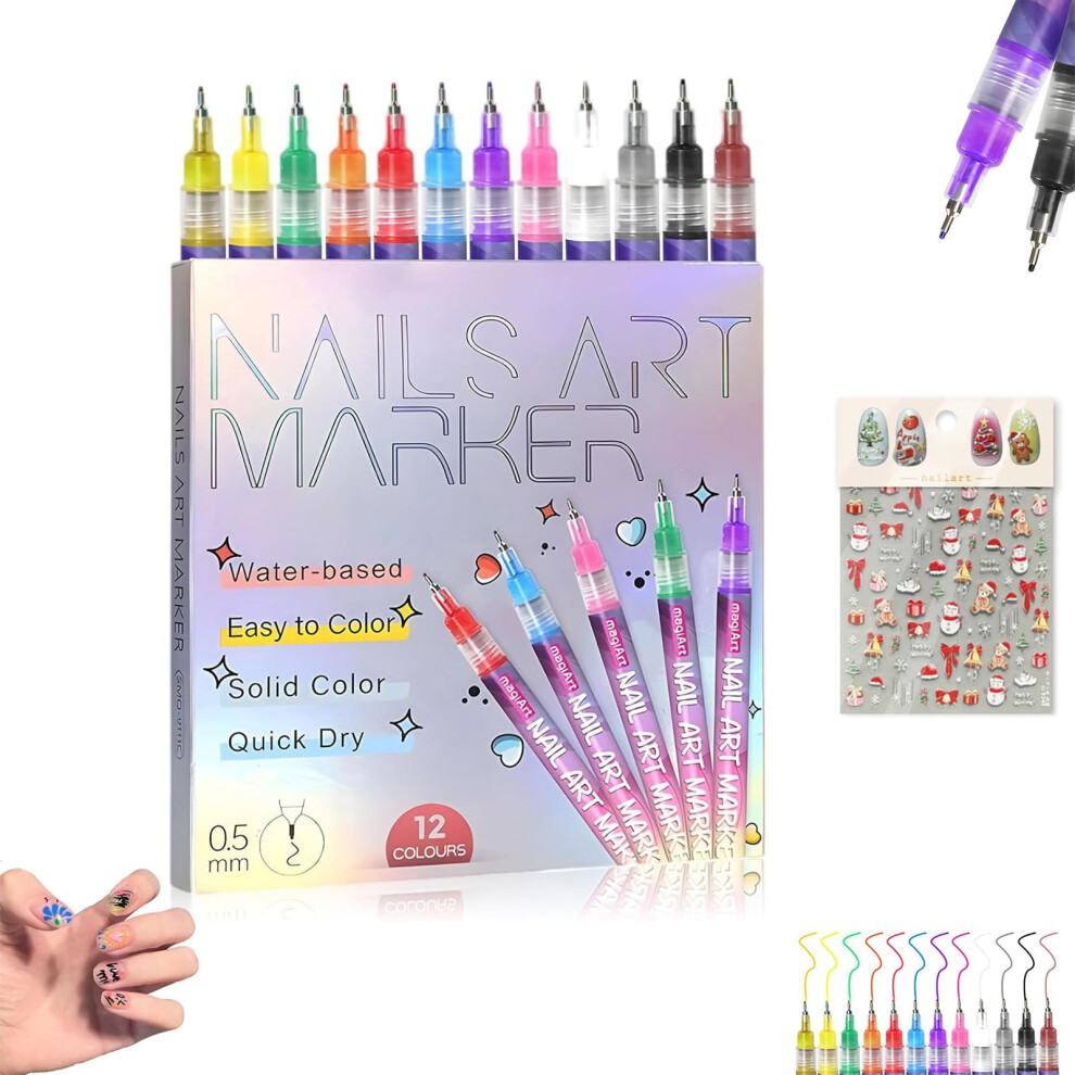 Nail Art Pens Set 12 Colors with 0.5mm Precision Tip, QuickDry WaterBased Ink for DIY Detailing