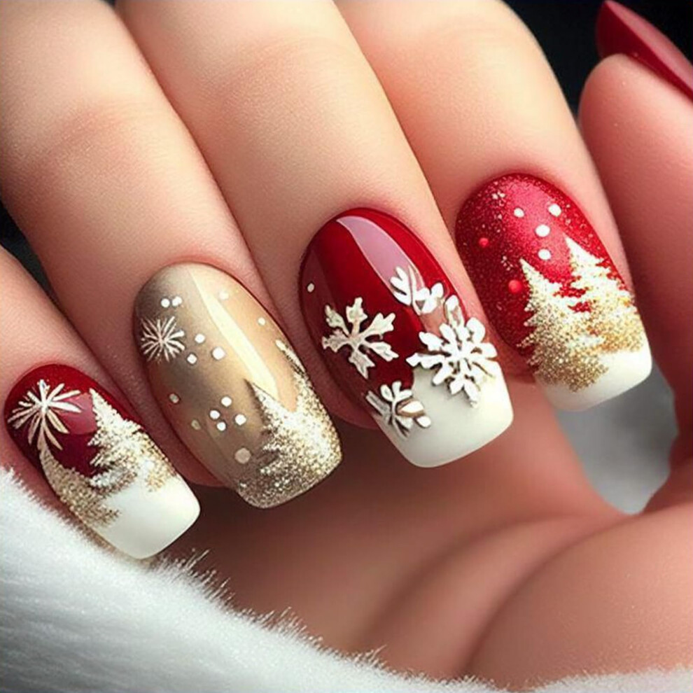 Christmas Press On Nails Coffin Shape with Glitter Snowflake and Xmas Tree Design, 24PCS Full Cover Acrylic Fake Nails Kit