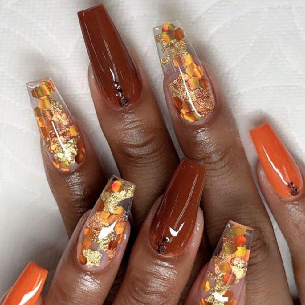 Gold Fall Press On Nails Coffin Shape Reusable Fake Nails With Glitter Thanksgiving Design 24Pcs
