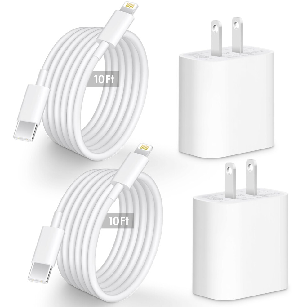 2 Pack Fast Charger 20W Usbc Wall Adapter With Extralong 10Ft Lightning Cable Compatible With Iphone 14 13 12 Airpods 9169991701653