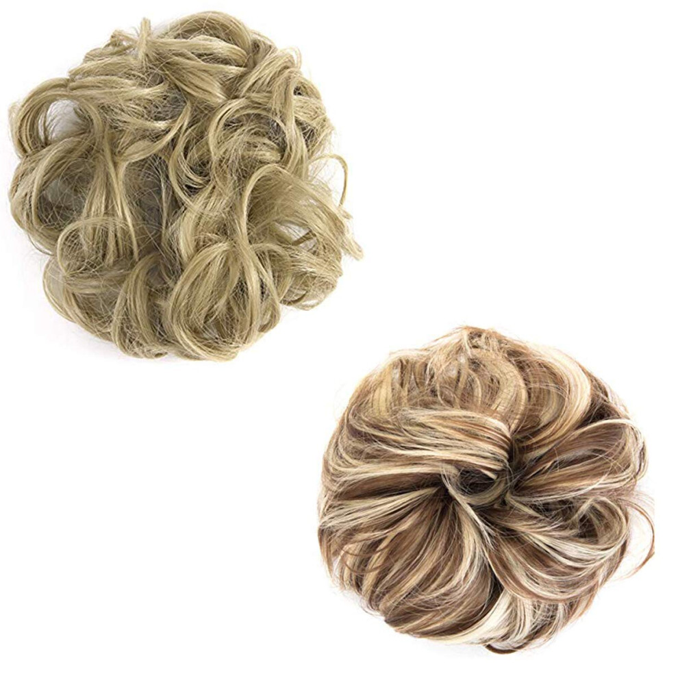 Unisex Brown 2Pcs Messy Bun Hair Extensions Ash Blonde Mix, Synthetic Hairpiece With Natural Volume
