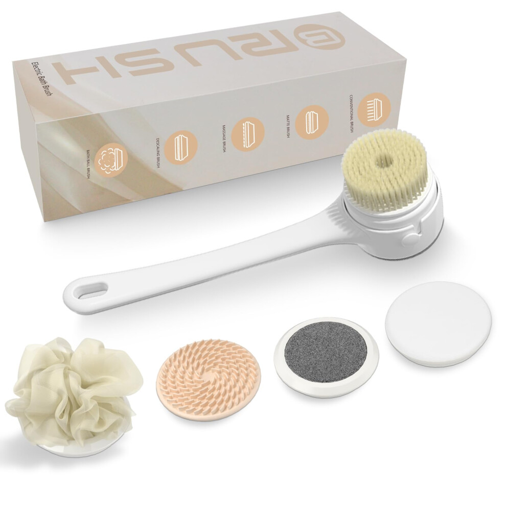 Electric Body Brush Shower Back Scrubber, 5in1 Rechargeable Waterproof Bath Brush with 3 Speeds and Long Handle for Exfoliating Massage (White)