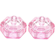 Set of 2 Pink Glass Nail Dappen Dish with SpillProof Lid, Hexagon Base Nail Art Liquid Holder