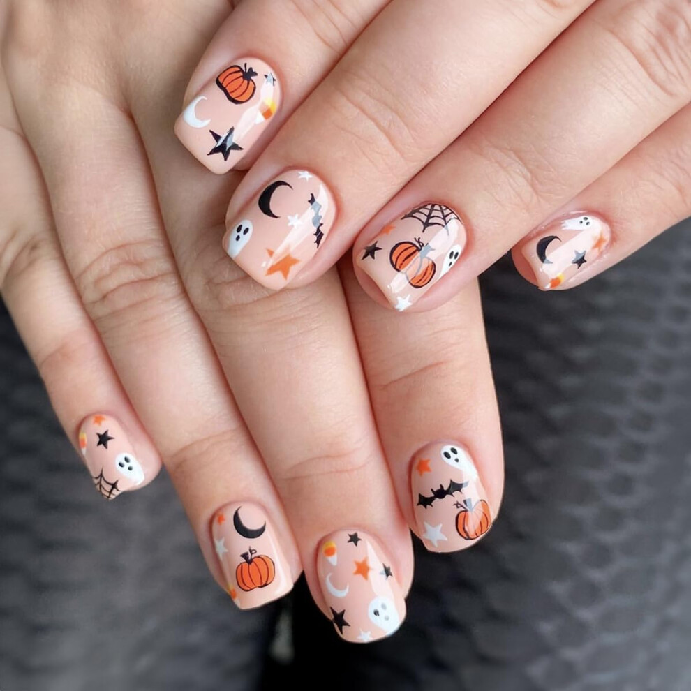 Halloween Press On Nails Set with Pumpkin Ghost Spider Designs, Short Square Glossy Fake Nails