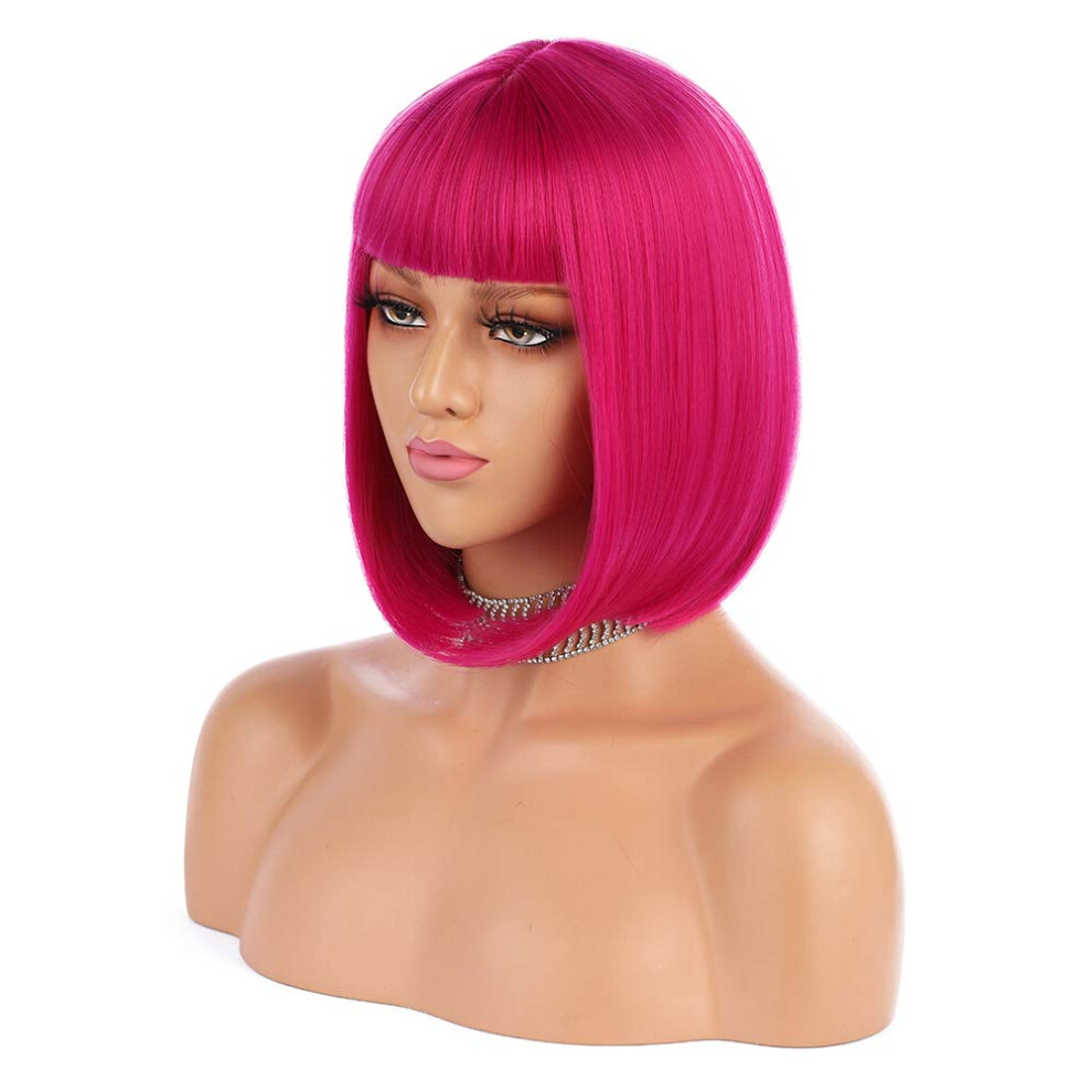 Hot Pink Bob Wig 12 Inch Straight with Bangs HeatResistant Synthetic Hair for Women
