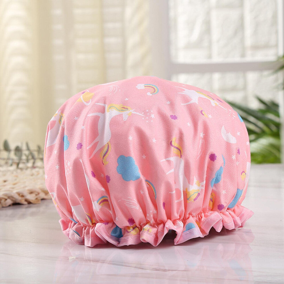 Waterproof Double Layer Shower Cap for Women, Reusable Cartoon Design with Elastic NonSlip Band
