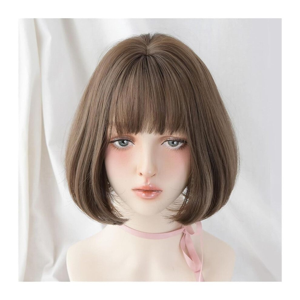 Short Straight Synthetic Wig with Bangs and Messy Hair Bun Extension Natural Look for Women