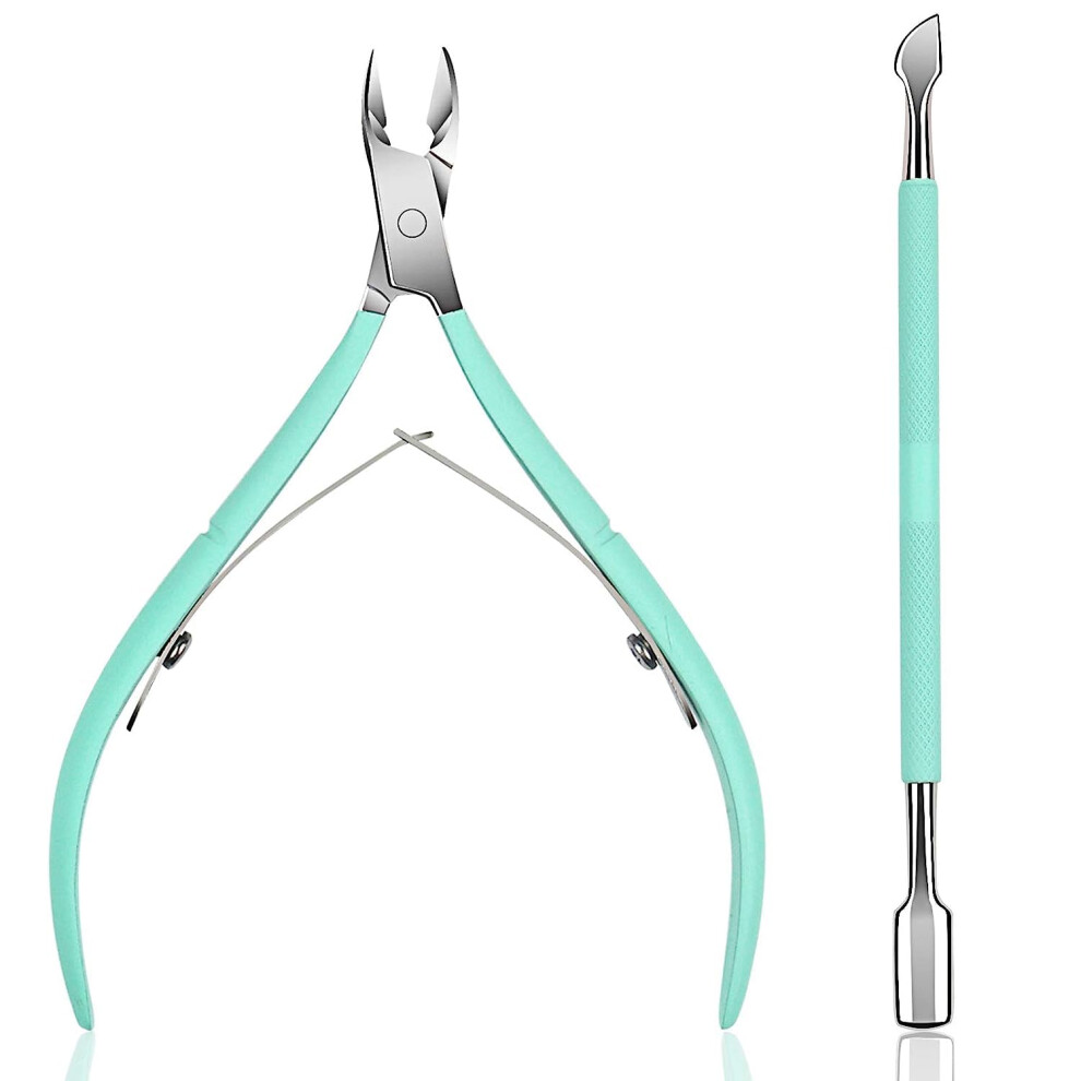 Blue Professional Cuticle Cutter And Pusher Set With Precision Trimming, Ergonomic Handle,