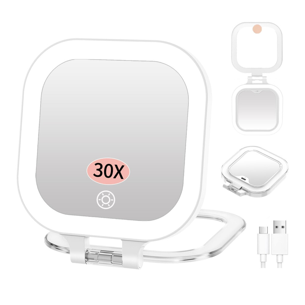 Lighted Travel Makeup Mirror Rechargeable DoubleSided 1x 30x Magnification 4inch 3 Color LED