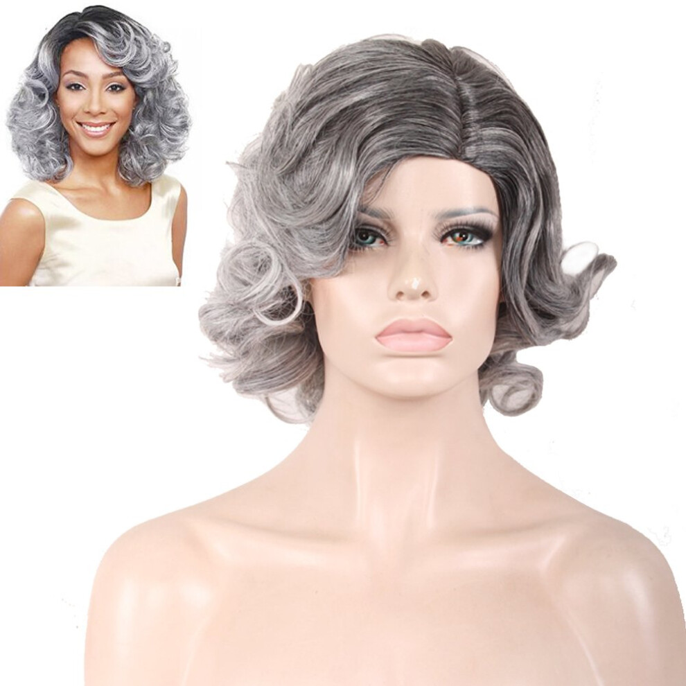 Unisex Black Ombre Gray Short Curly Wig 15 Inch Synthetic Fiber With Wig Cap And Comb