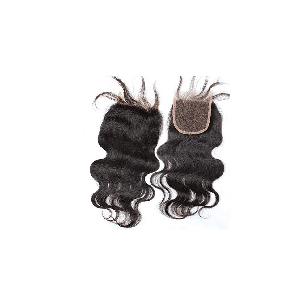 Unisex Black Virgin Brazilian Hair Closure 4X4 Body Wave Natural Bleached Knots Remy Human Hair 12 Inch