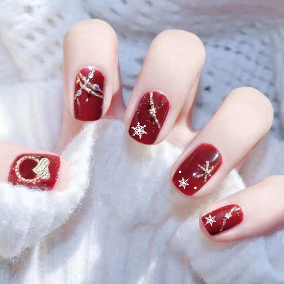 Christmas Press On Nails Set with 3D Heart and Snowflake Rhinestones, Short Fake Nails 24PCS