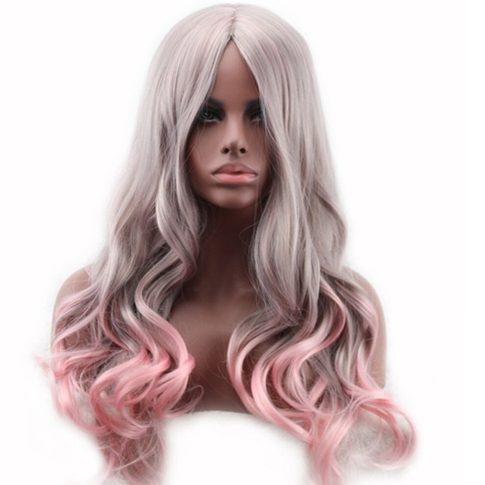 Unisex Pink,Grey 24 Inch Grey To Pink Ombre Wig, Heat Resistant Curly Synthetic Hair With Wig Cap And Comb