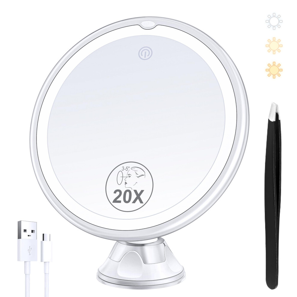 Light 20X Ed Makeup Mirror With Led, Rechargeable Magnifying Vanity Mirror 3 Color Ing, 360 Rotation, Suction Mount