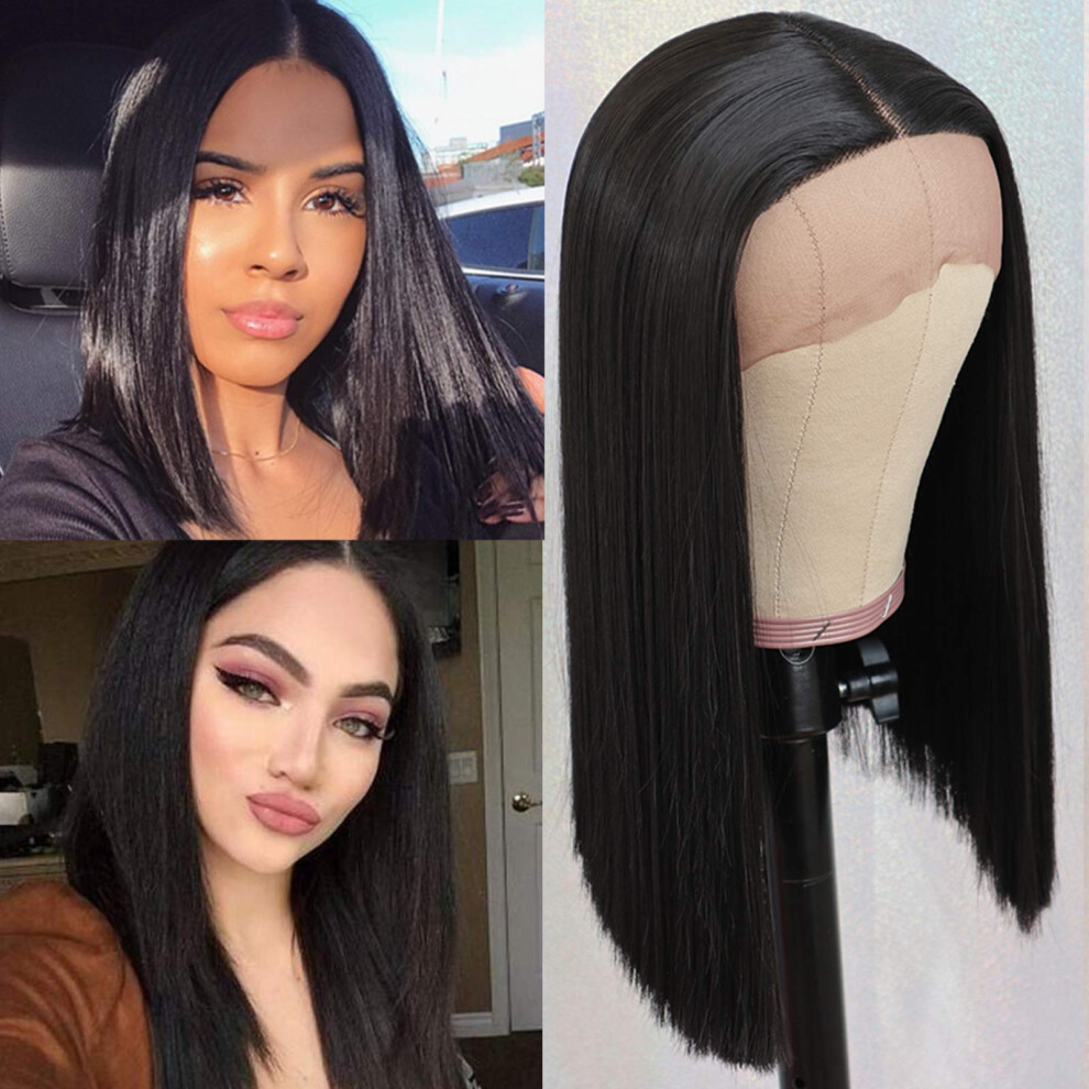 Lace Front Bob Wig for Black Women, Glueless Heat Resistant Synthetic Hair, Natural Hairline 16 Inch