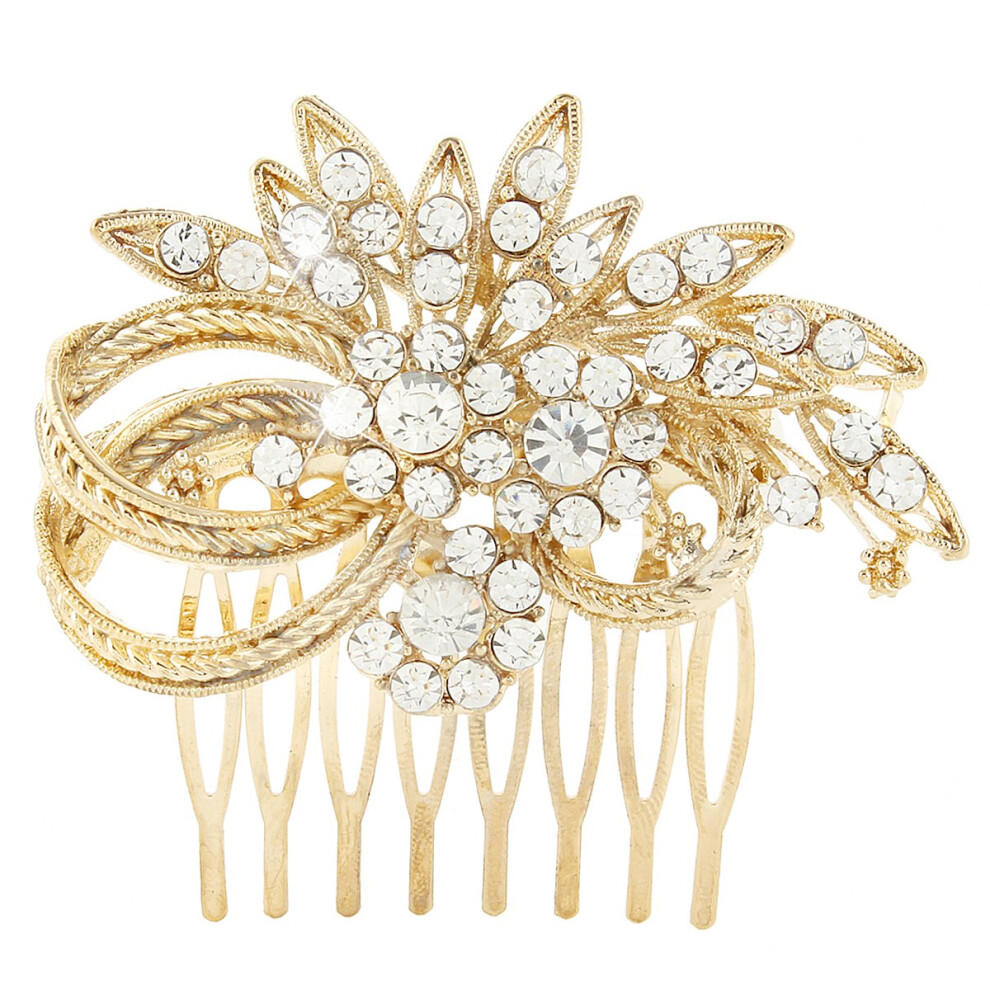 Unisex Gold Crystal Wedding Hair Comb With Vintage Leaf Design And Austrian Crystals For Brides