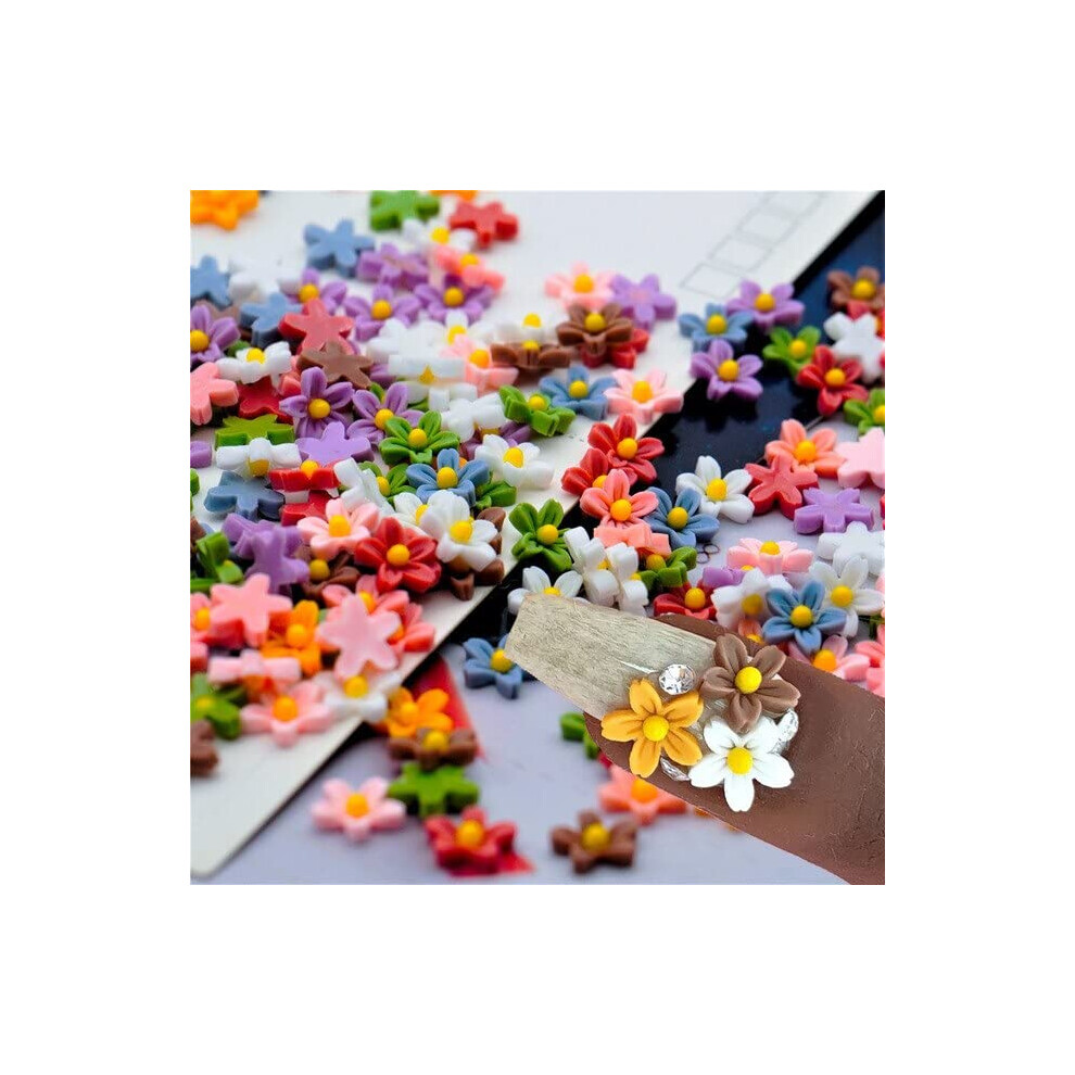 100PCS 7mm Mixed Color 3D Five Petal Flower Nail Art Decorations Resin Floral Charms White Pink Yellow